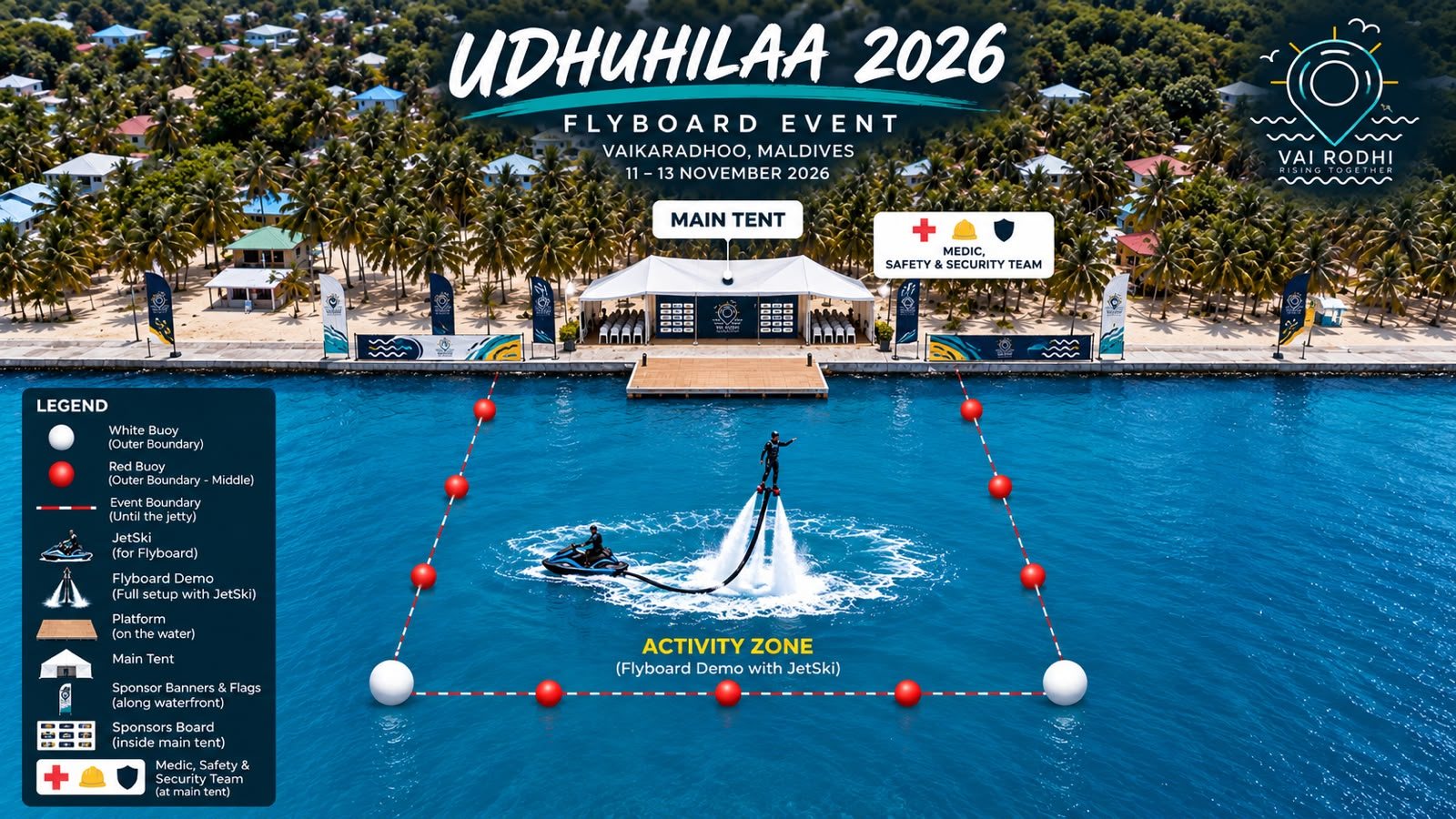 Event site plan: the activity zone sits directly in front of the main tent, with sponsor banners and flags lining the waterfront and a medic, safety and security team on site.
