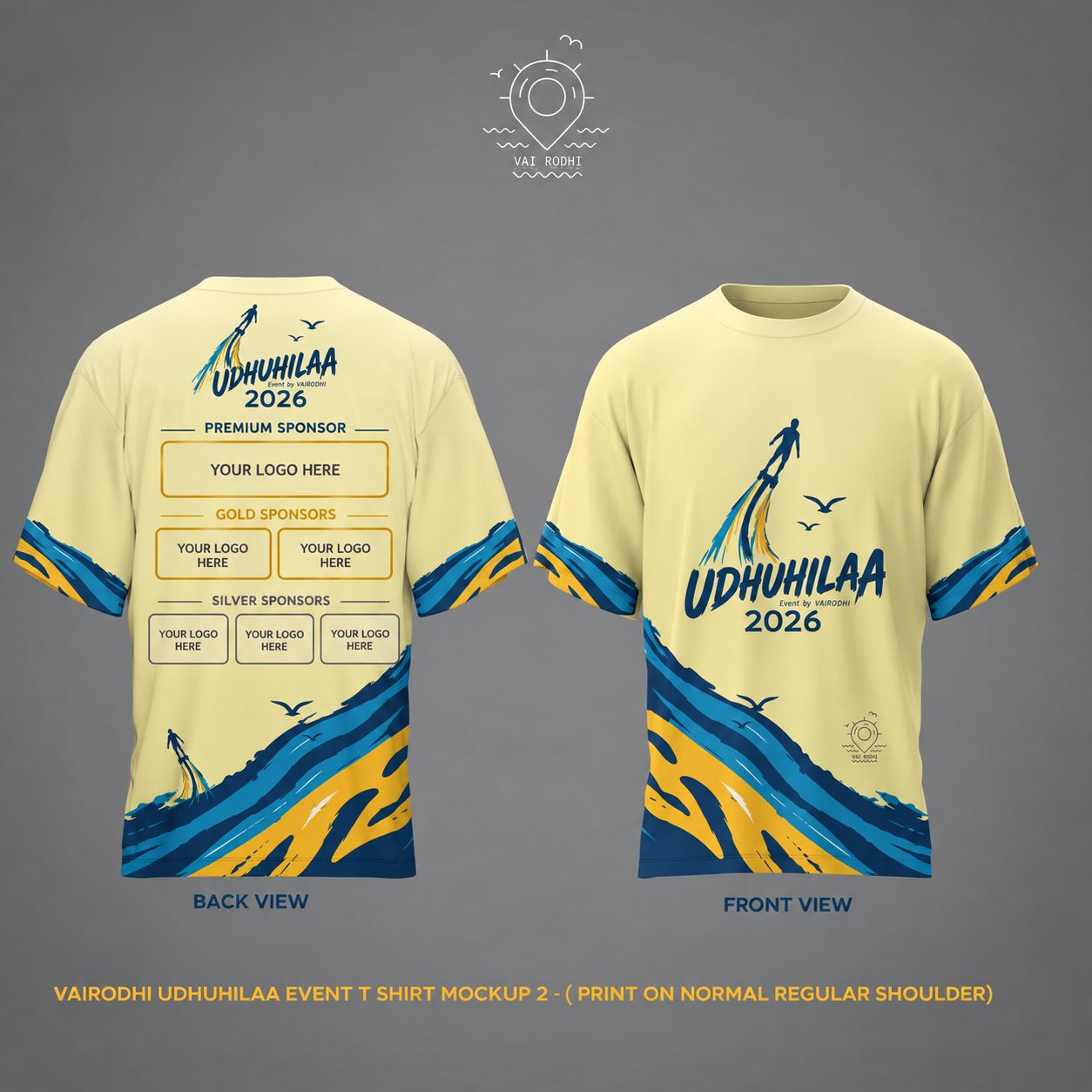 Sand-coloured event T-shirt mockup with sponsor logo placements on the back