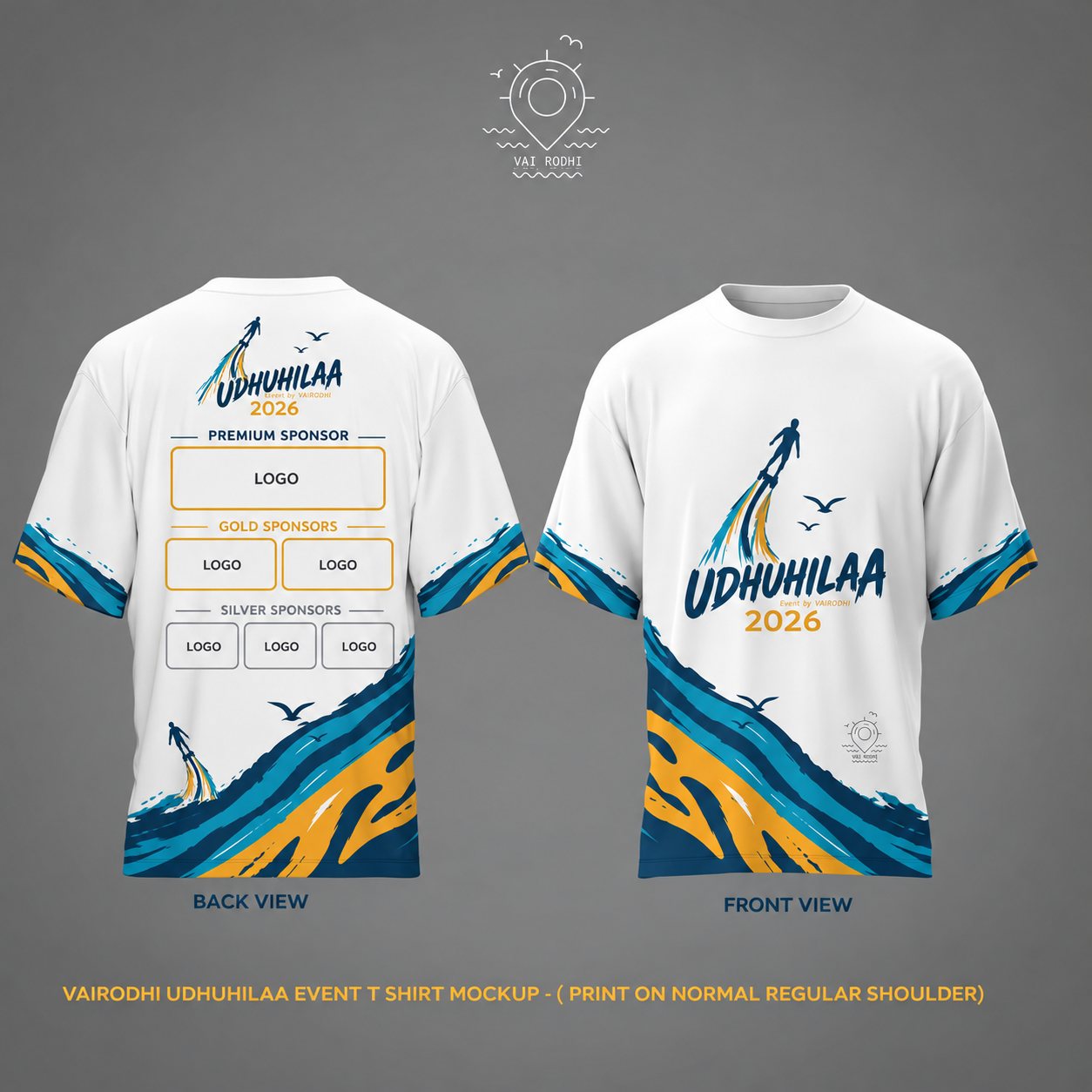 White event T-shirt mockup with sponsor logo placements on the back